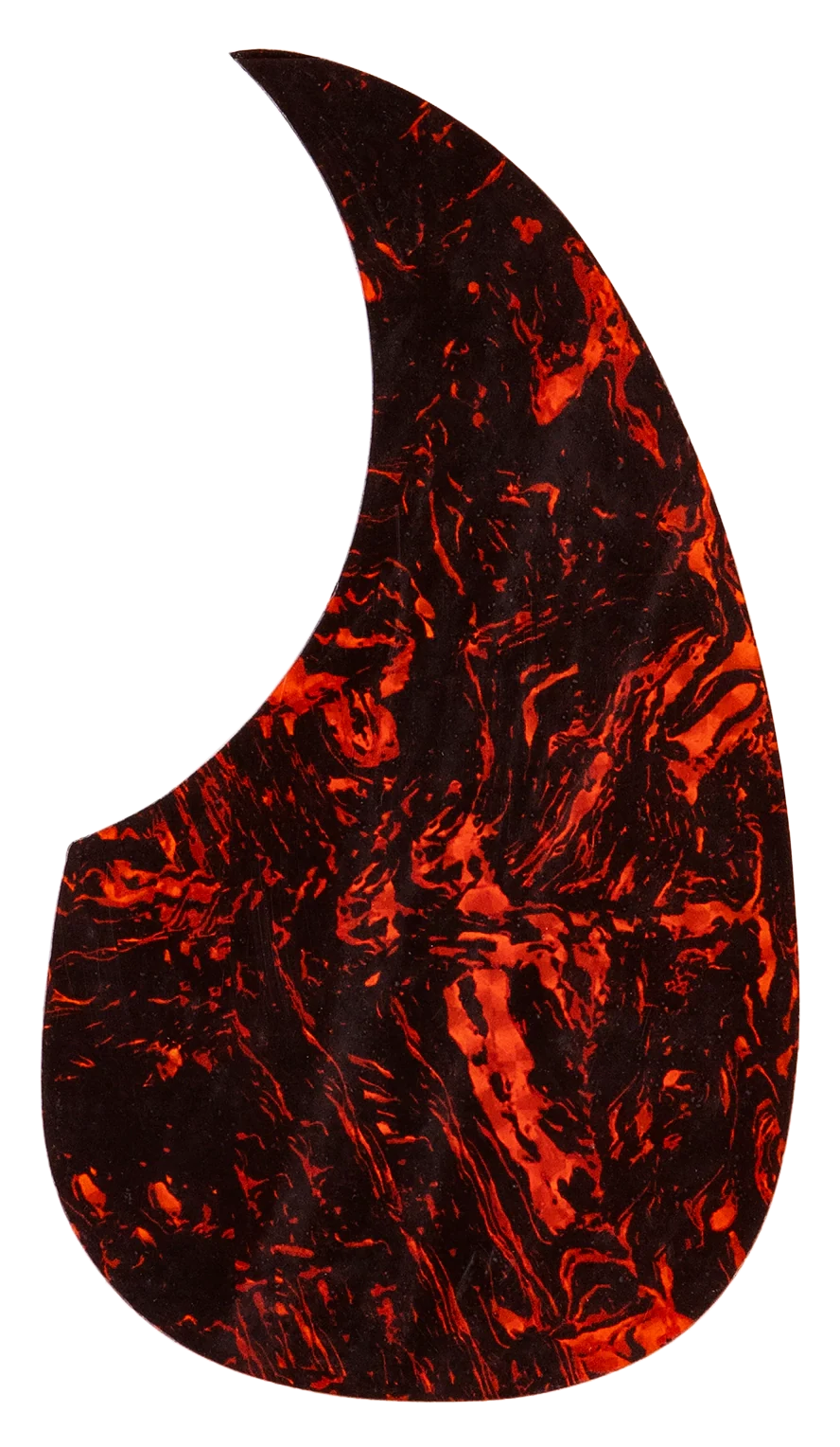 The image shows a teardrop-shaped guitar pickguard designed for acoustic guitars, featuring a marbled tortoiseshell pattern in dark red, orange, and black. Made from a durable synthetic material, it protects the guitar’s finish from scratches while adding a bold, flame-like visual appeal that complements most guitar finishes.
