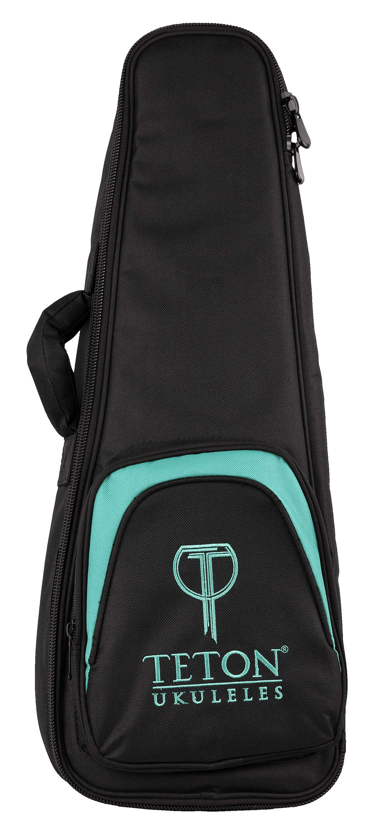 The image shows a black Teton Ukuleles gig bag with teal accents and the Teton logo on the front pocket. It features a padded soft-shell design, a full-length zipper, and a carrying handle. The sleek, modern case is lightweight and portable, designed to protect and transport ukuleles while prominently displaying the stylized "T" logo above the company name.