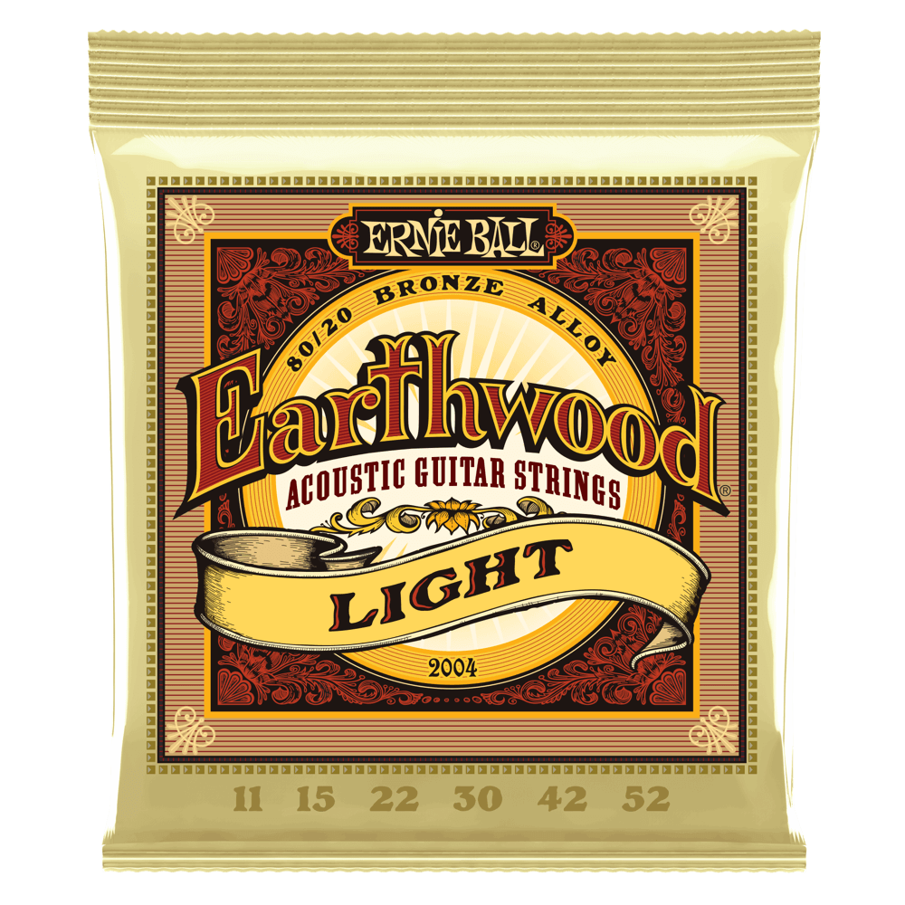 A package of Ernie Ball Earthwood guitar strings on a transparent background
