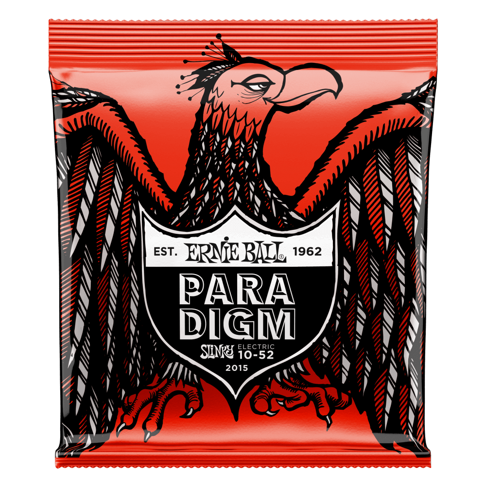 Ernie Ball Paradigm guitar string package with an eagle design on a red background