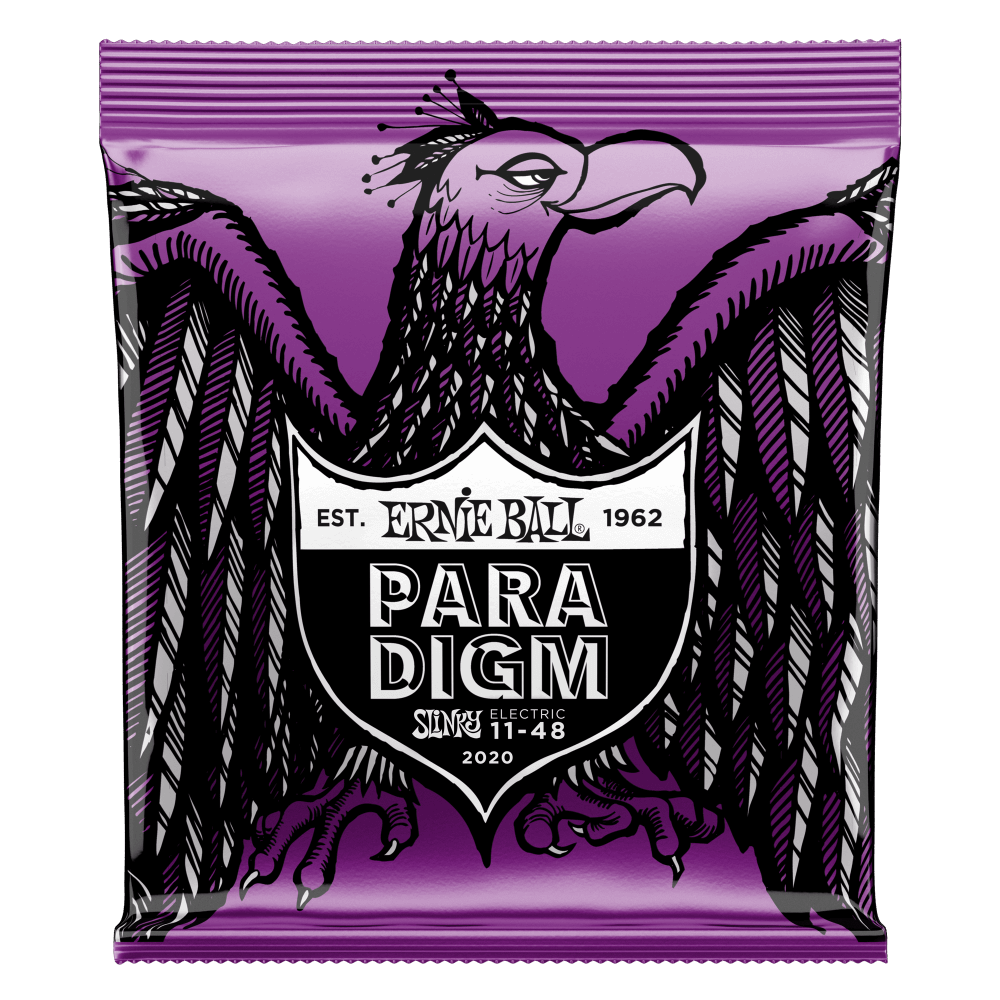 Ernie Ball Paradigm guitar string package with an eagle design on a purple background