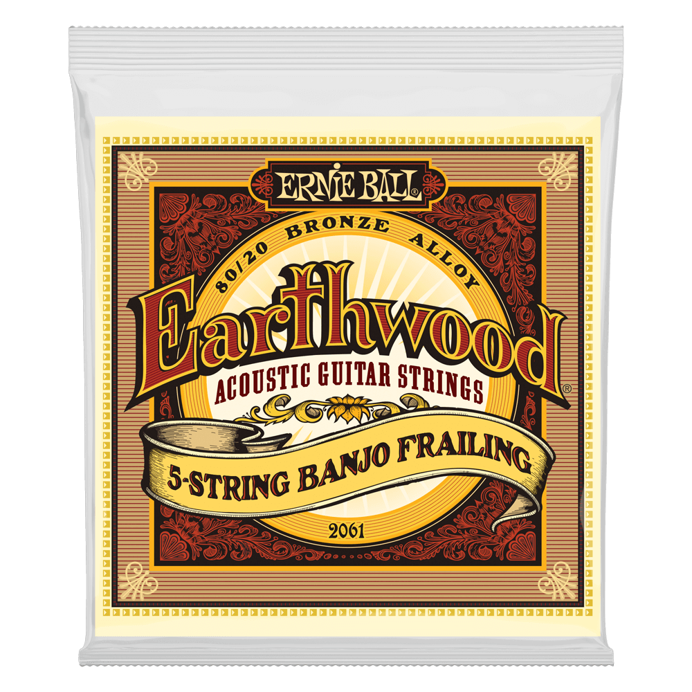 A package of Ernie Ball Earthwood banjo strings on a transparent background