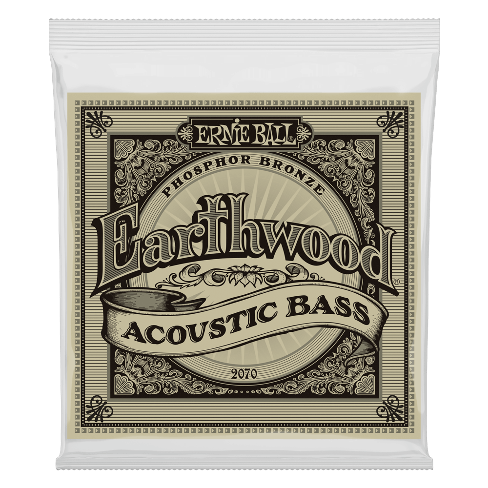Ernie Ball Earthwood Acoustic Bass guitar string package on a white background