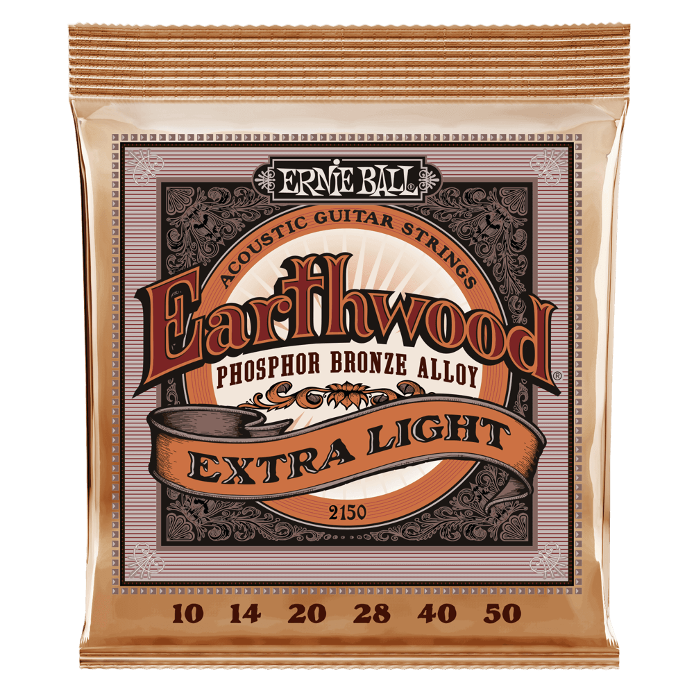 Ernie Ball Earthwood acoustic guitar strings packaging on a black background