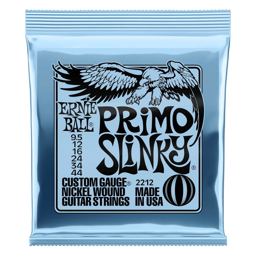 Ernie Ball Primo Slinky guitar strings packaging with an eagle logo on a clear background