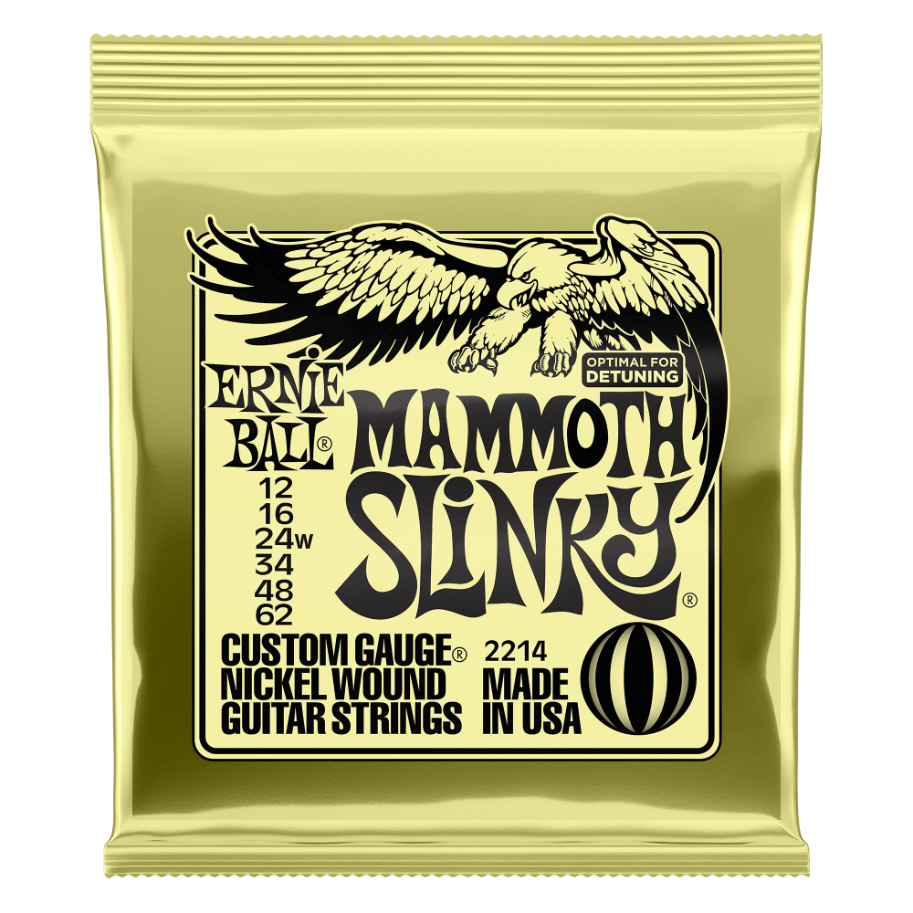Ernie Ball Mammoth Slinky guitar string package on a black background