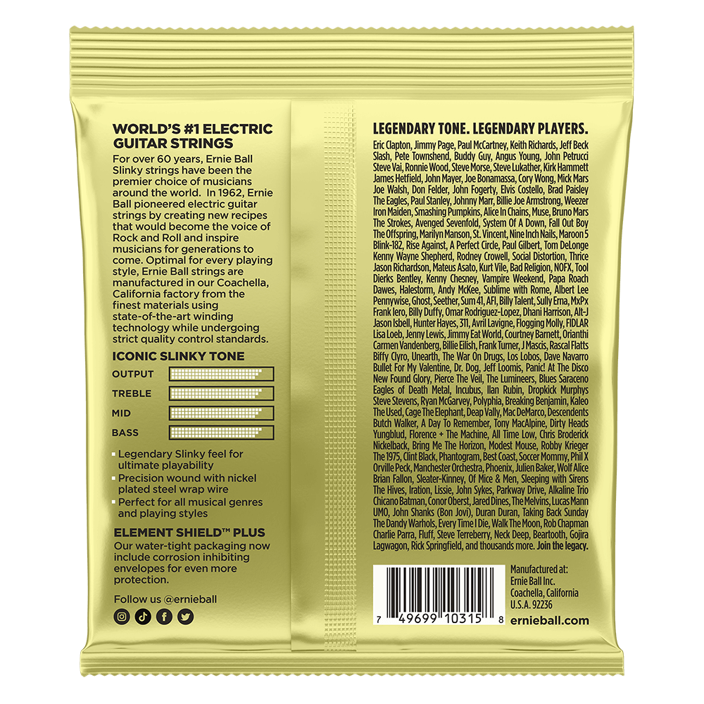 Ernie Ball electric guitar strings packaging with product details and branding.
