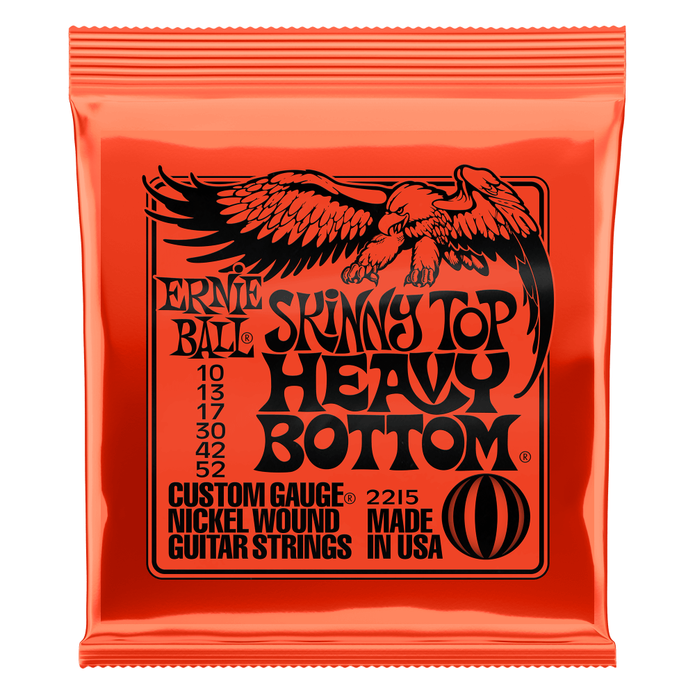 Ernie Ball Skinny Top Heavy Bottom guitar strings orange packaging with an eagle logo on a white background
