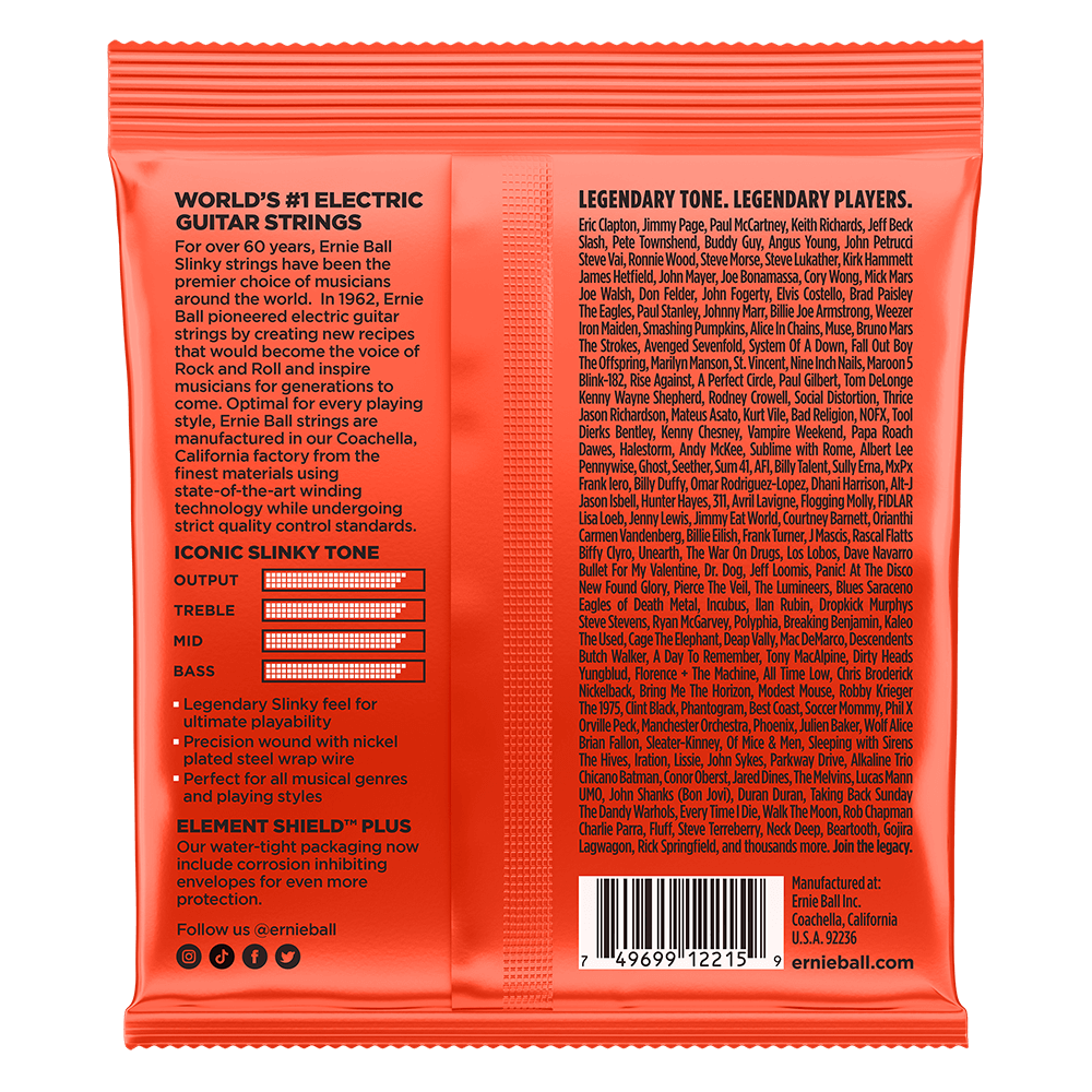 Back of orange guitar string packaging with text and branding on a black background