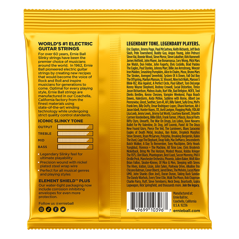 Yellow packaging of Ernie Ball electric guitar strings with text and branding.