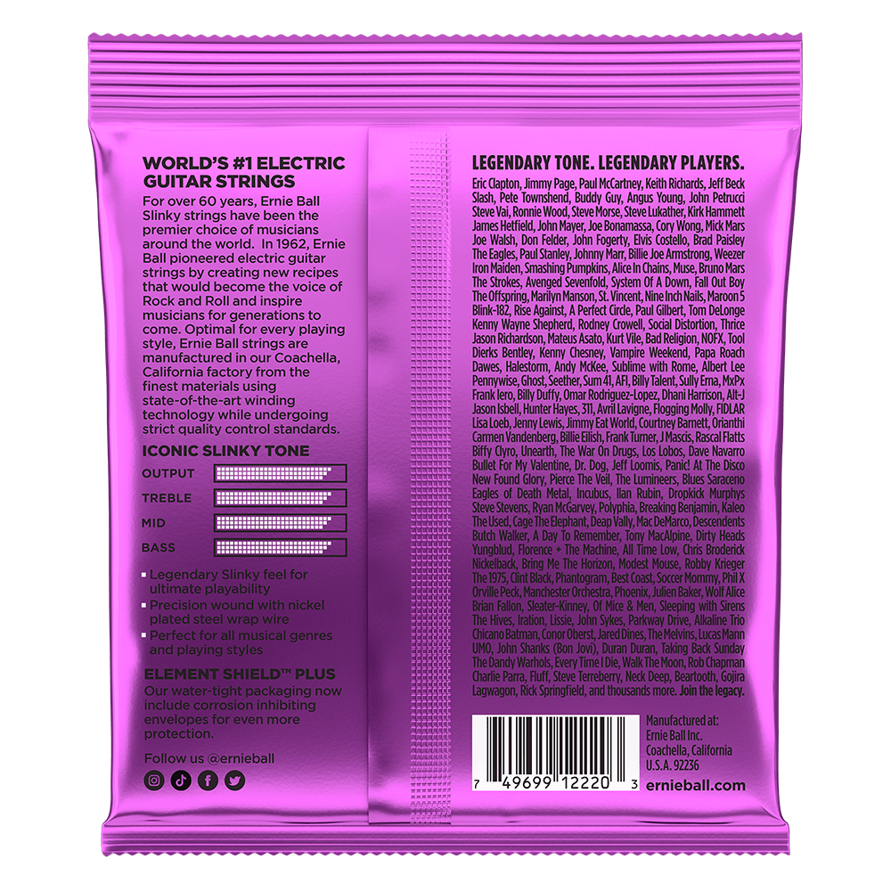 Purple guitar string packaging with text and a barcode on a white background