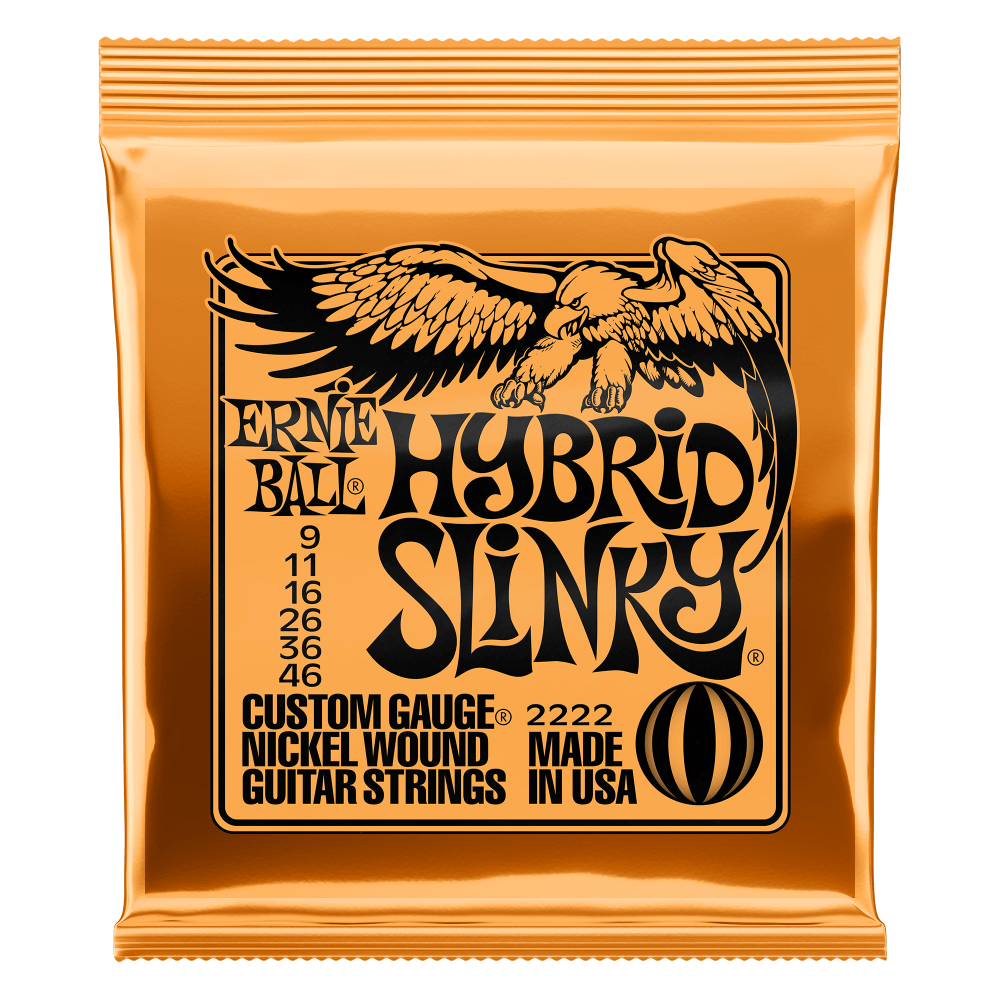 Ernie Ball Hybrid Slinky guitar string pack packaging on a white background