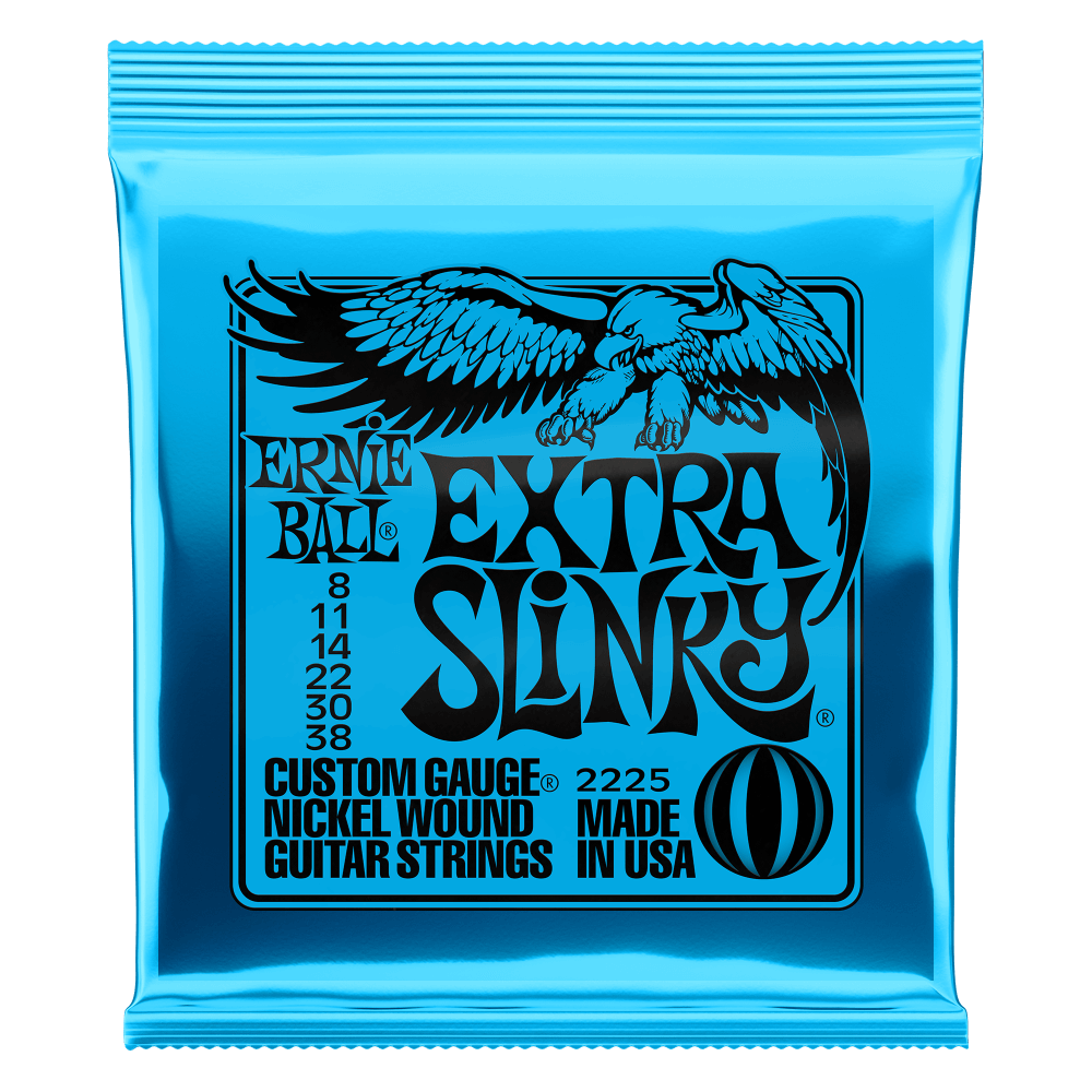 Ernie Ball Extra Slinky guitar strings packaging with an eagle logo on a white background