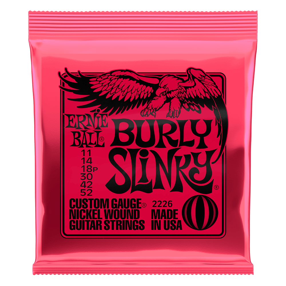 Pink packaging of Ernie Ball Burly Slinky guitar strings with an eagle design.