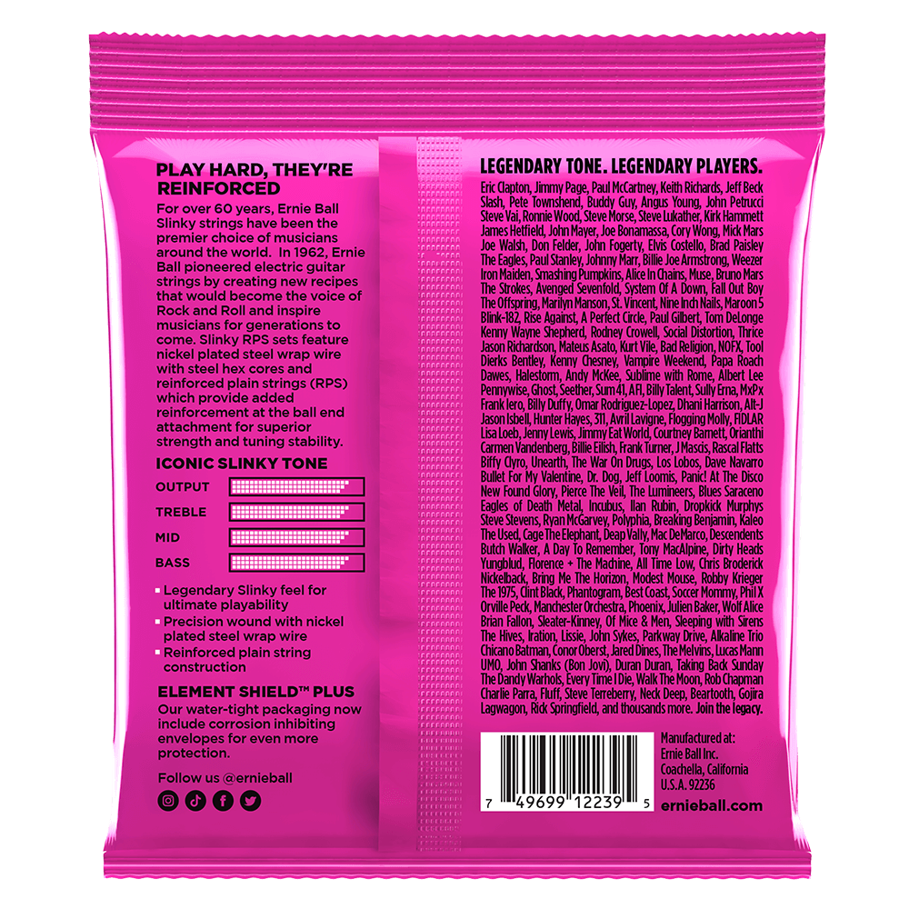 Pink guitar string packaging with text and product details on a white background