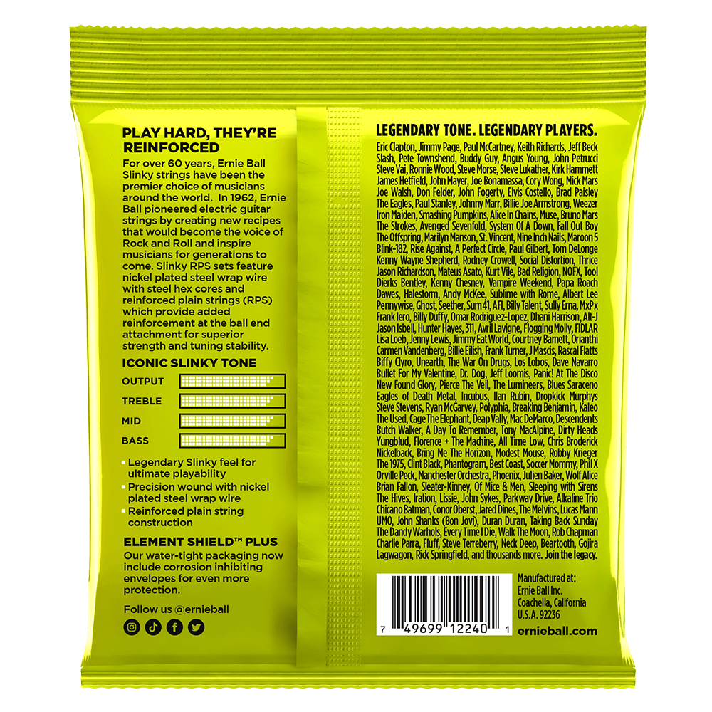 Neon green guitar string packaging with text and product details on a white background