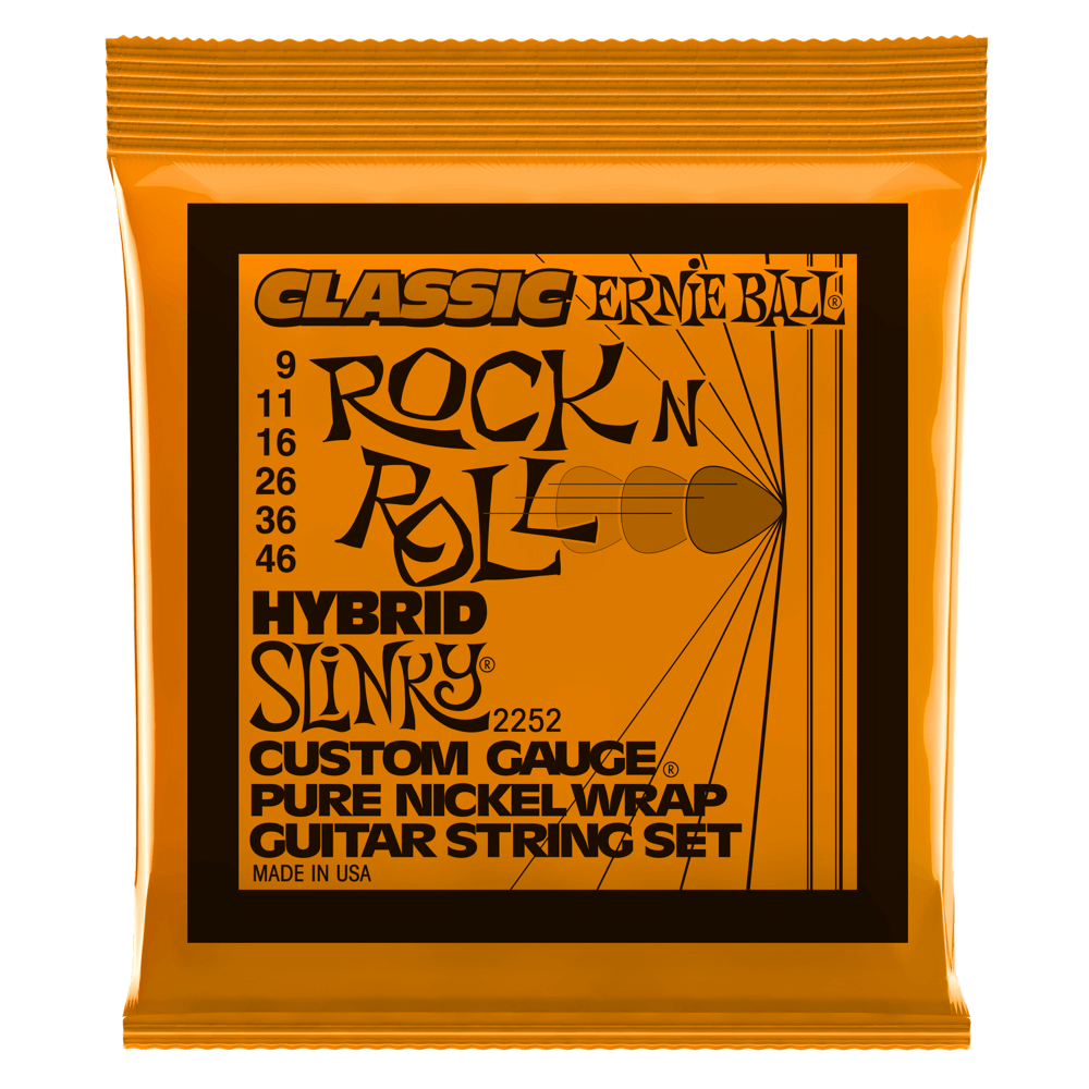 Ernie Ball guitar string set packaging with orange and black design