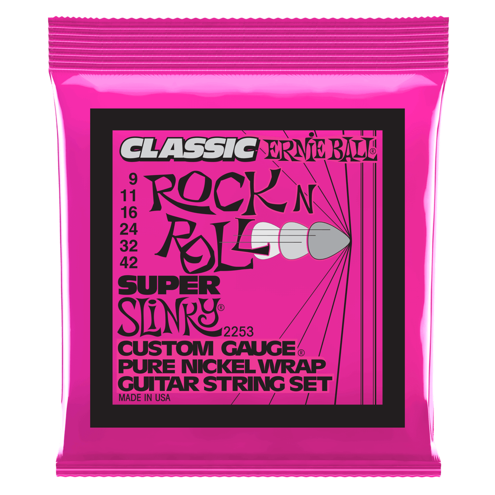 Pink packaging of Ernie Ball guitar strings with black text on a white background