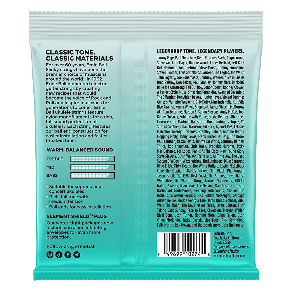 Ernie Ball guitar string packaging with product details and branding.
