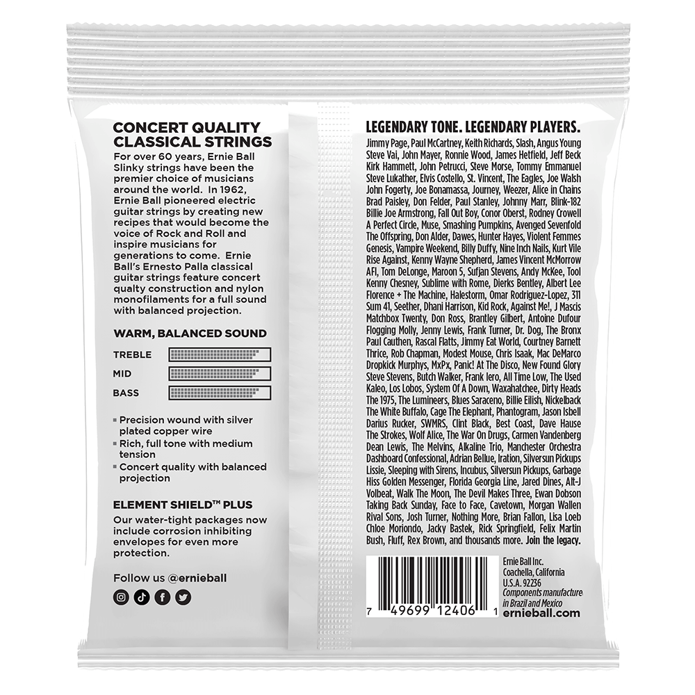 Ernie Ball guitar string packaging with product details and branding.