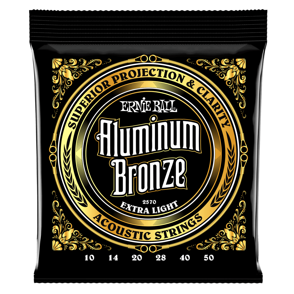 A black pack of Ernie Ball Aluminum Bronze guitar strings on a white background
