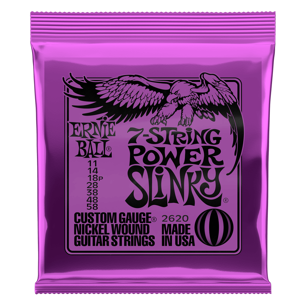 Ernie Ball 7-string power slinky guitar strings packaging with purple background
