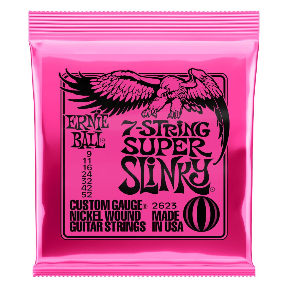 Pink packaging of Ernie Ball 7-string super slinky guitar strings with an eagle logo on a white background