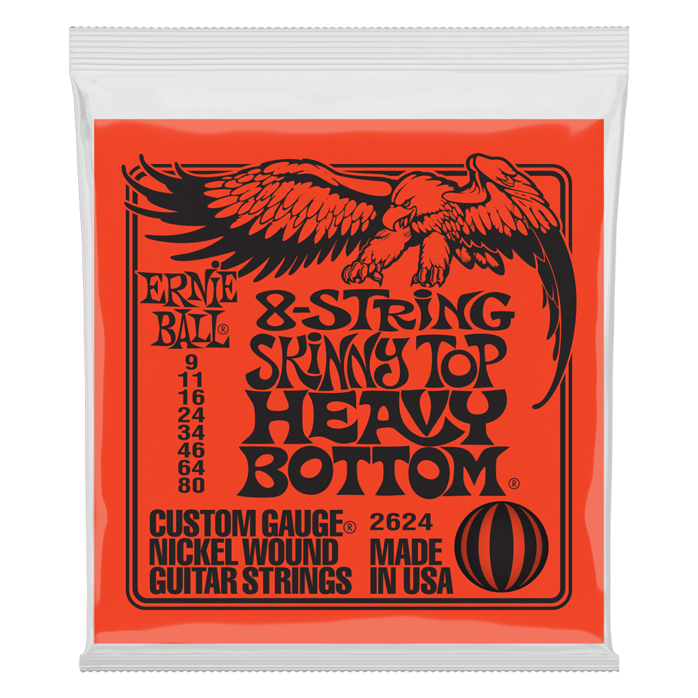 An orange package of Ernie Ball 8-string guitar strings on a white background