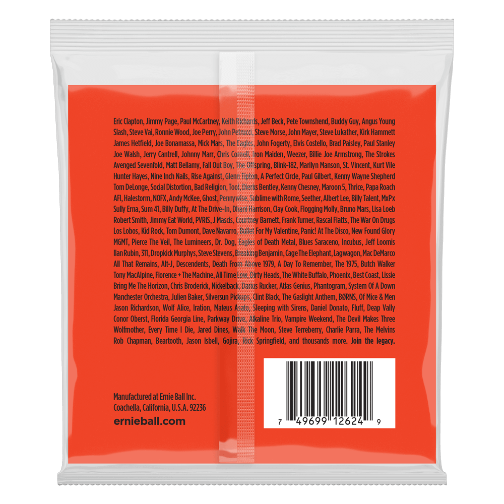 An orange package of Ernie Ball guitar strings with product details on a white background