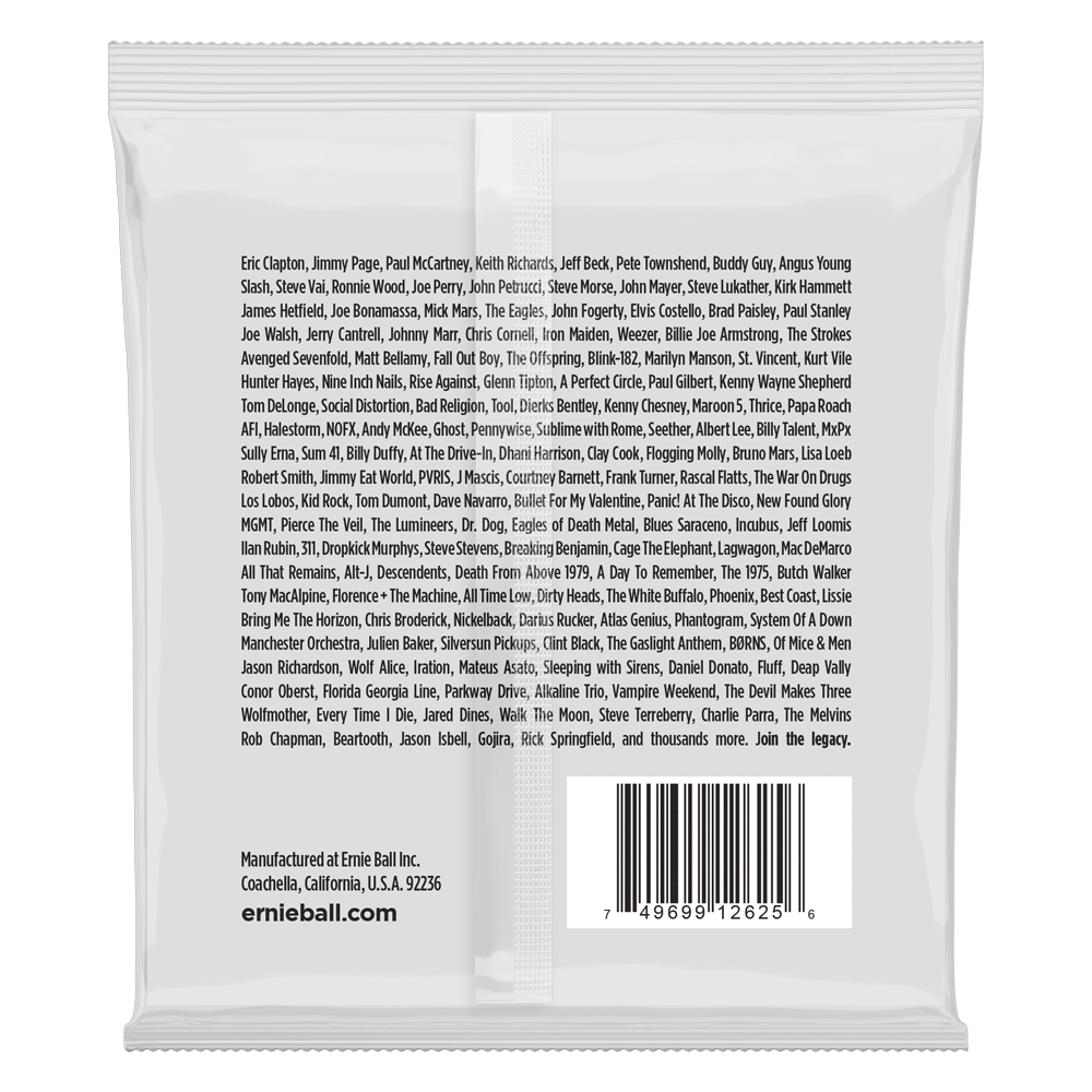 Back of a package of Ernie Ball guitar strings with product details on a white background