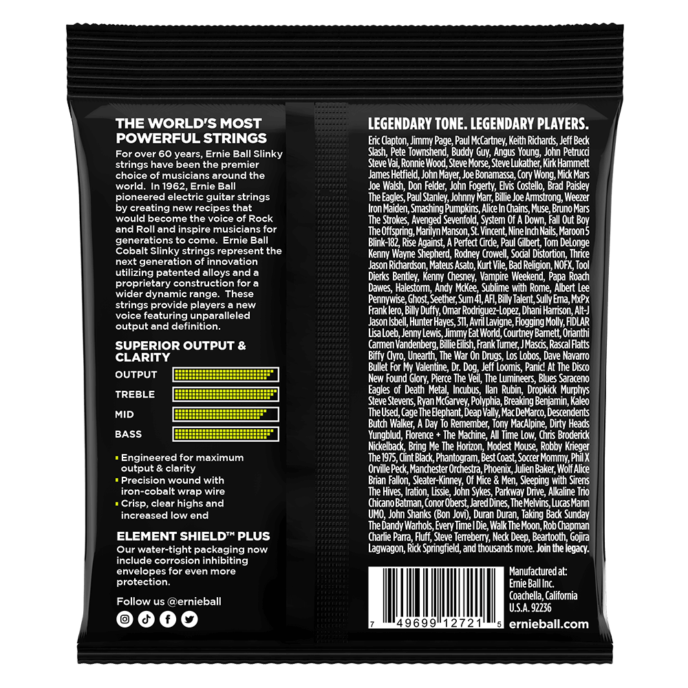 Ernie Ball guitar string packaging with product details and branding on a black background