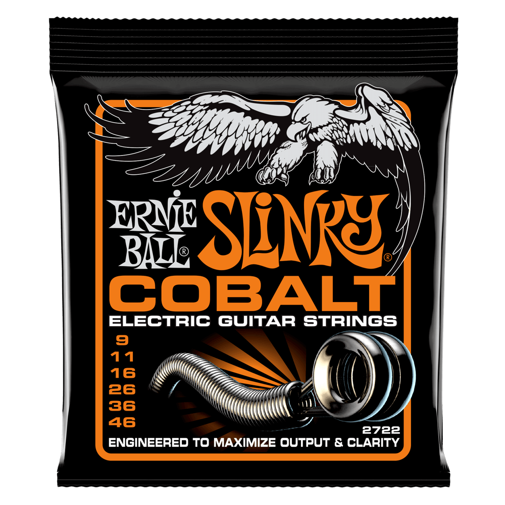 Ernie Ball Slinky Cobalt electric guitar strings packaging with an eagle illustration.