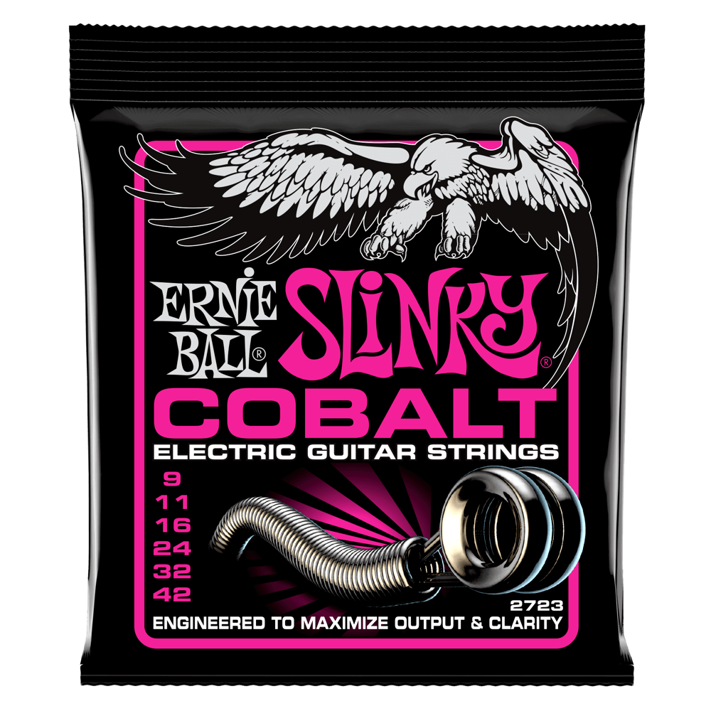 Ernie Ball Slinky Cobalt electric guitar strings packaging with an eagle illustration on a black background.