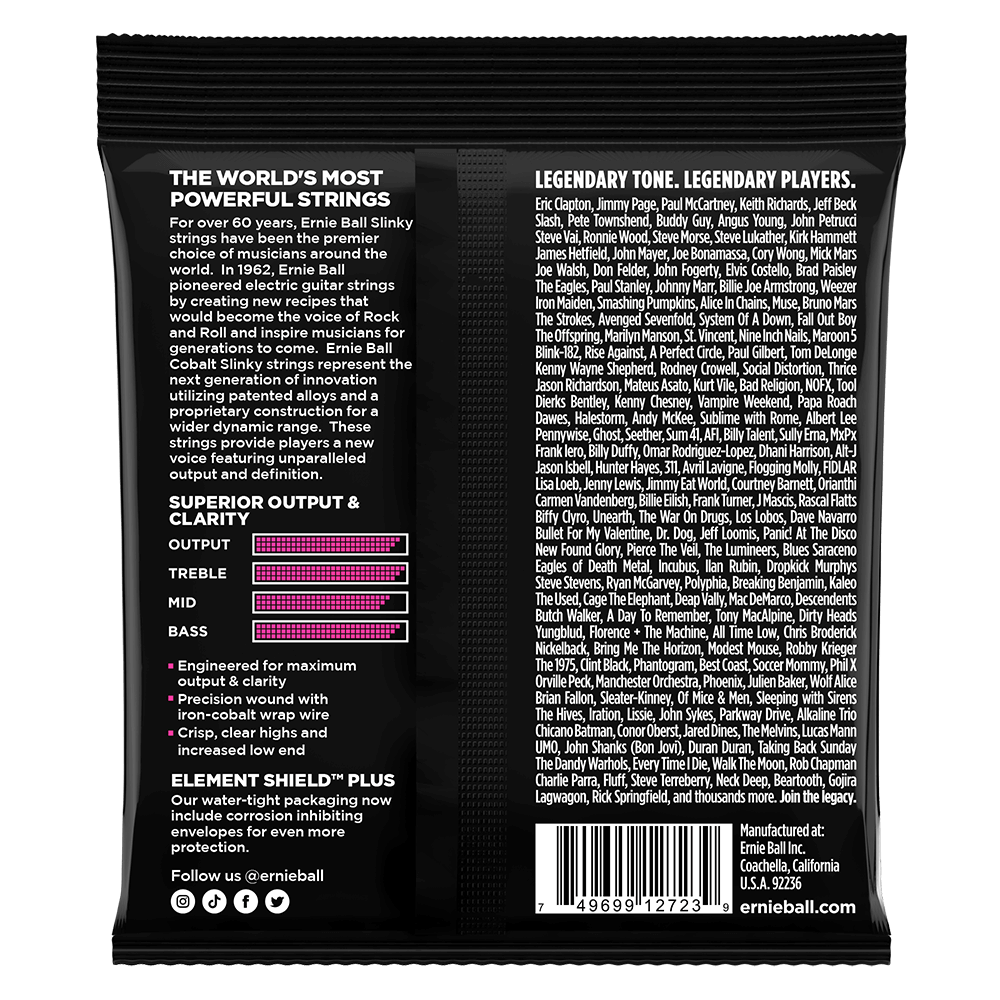 Ernie Ball guitar string packaging with text and graphics on a black background
