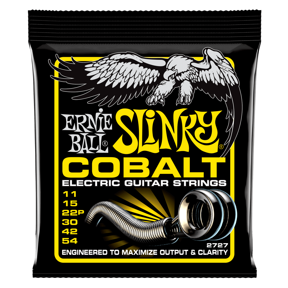 Ernie Ball Slinky Cobalt electric guitar strings packaging with an eagle illustration on a black background.