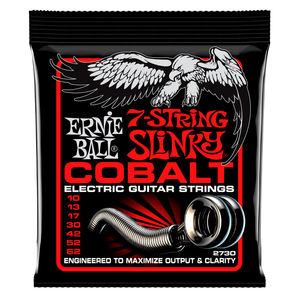 Ernie Ball 7-string slinky cobalt electric guitar strings packaging with eagle design.