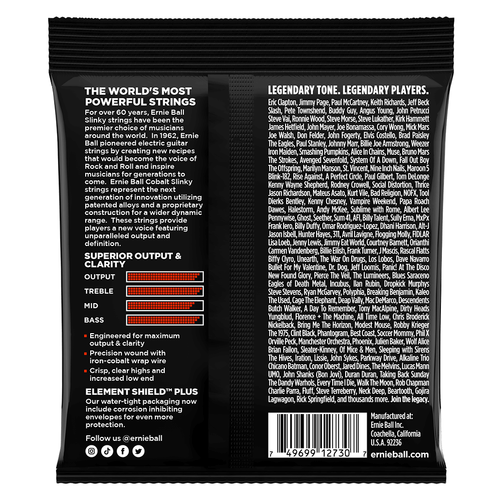 Ernie Ball guitar string packaging with text and branding on a black background