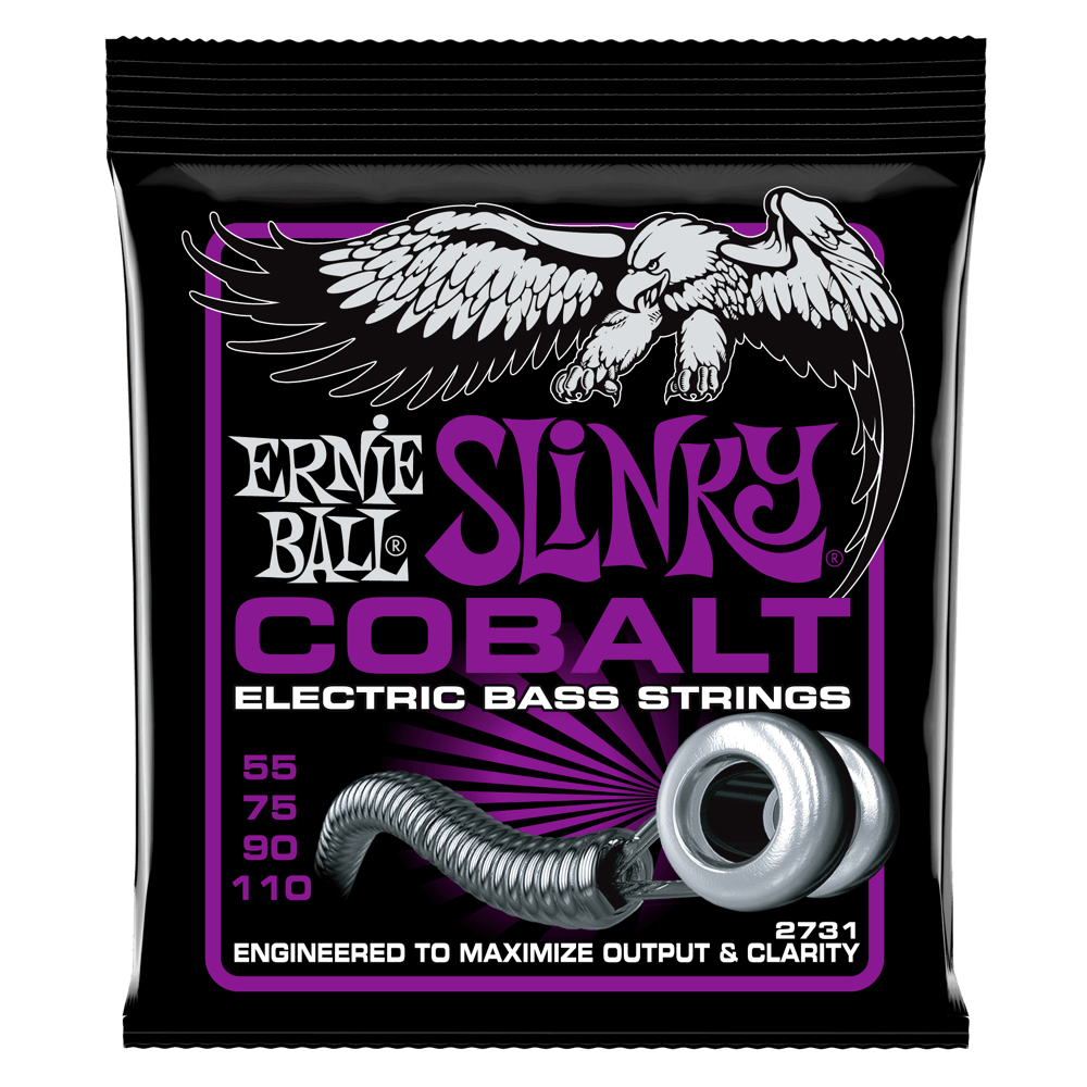 A package of Ernie Ball Cobalt electric bass strings with a black background and white eagle artwork