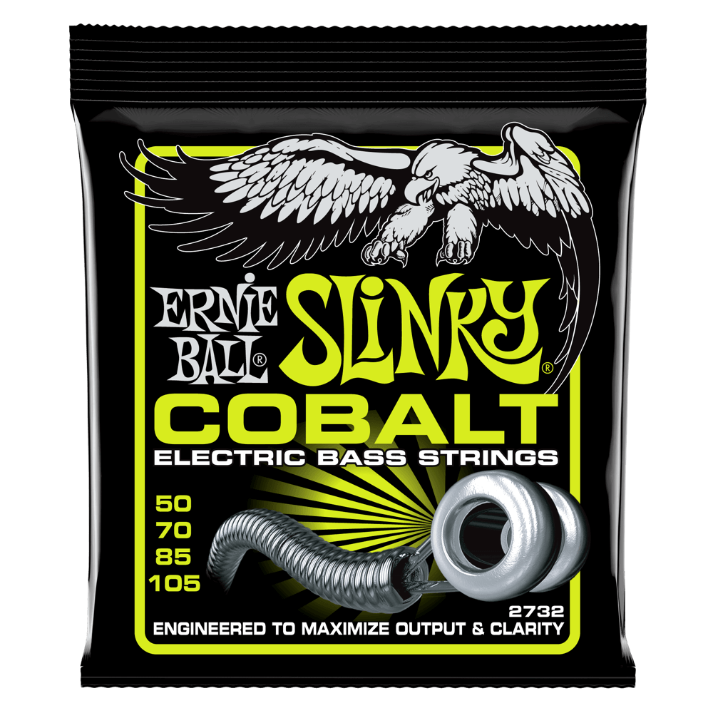 A package of Ernie Ball Cobalt Slinky electric bass guitar strings with eagle artwork on a black background