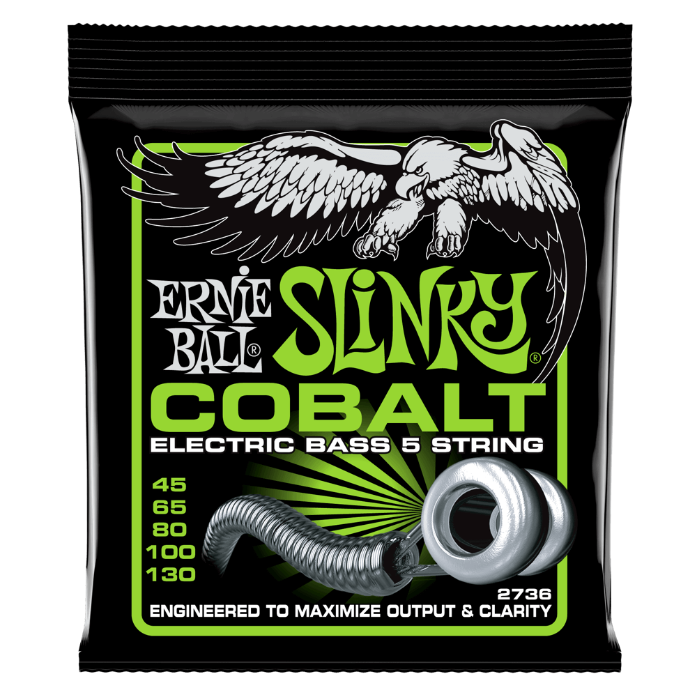 A package of Ernie Ball Cobalt Slinky electric bass strings with eagle artwork on a black background