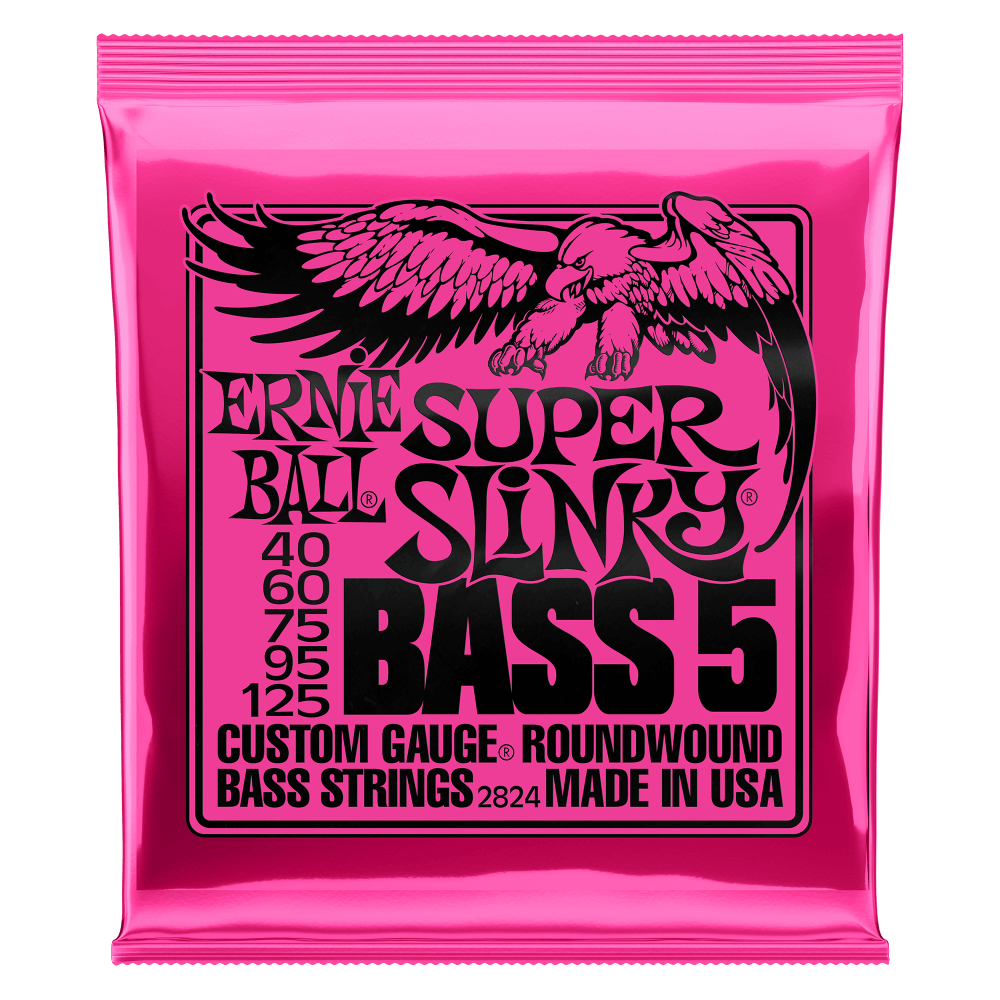 Pink packaging of Ernie Ball Super Slinky Bass 5 strings with an eagle illustration.