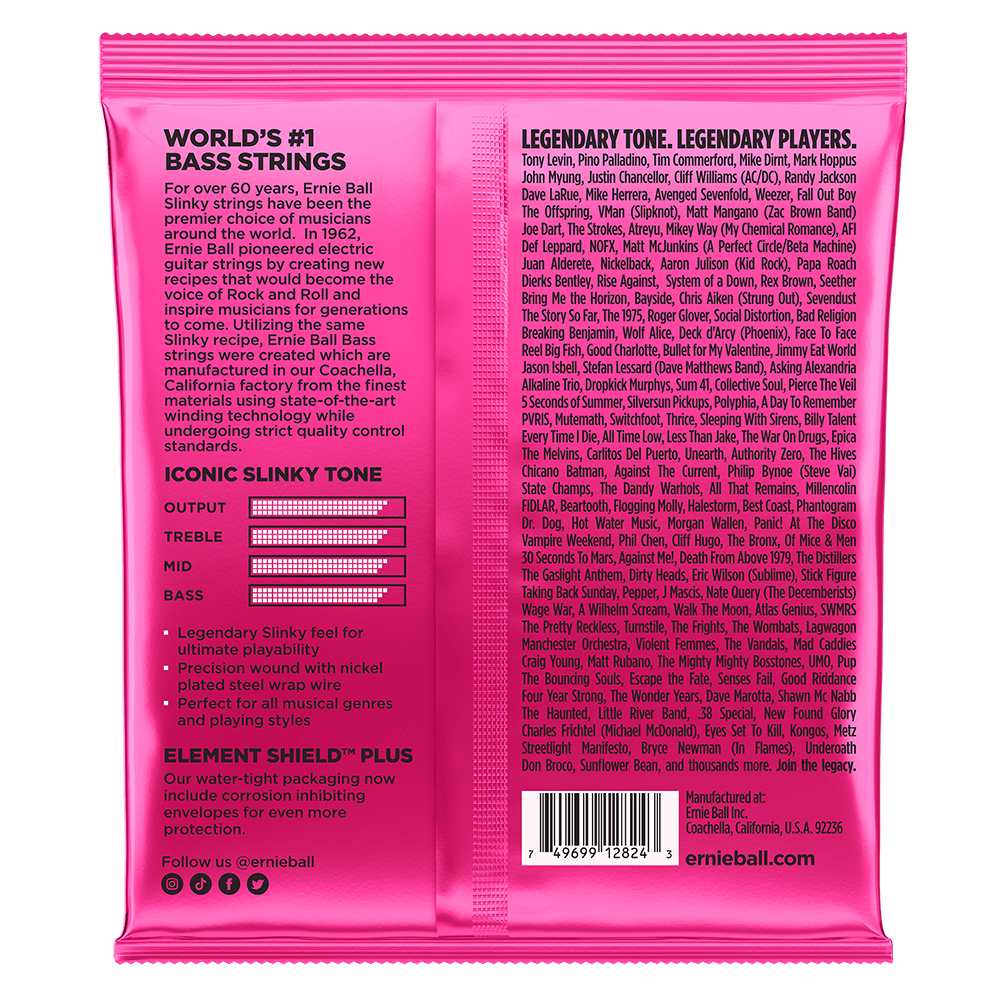 Backside of a pink pack of Ernie Ball bass strings with product details