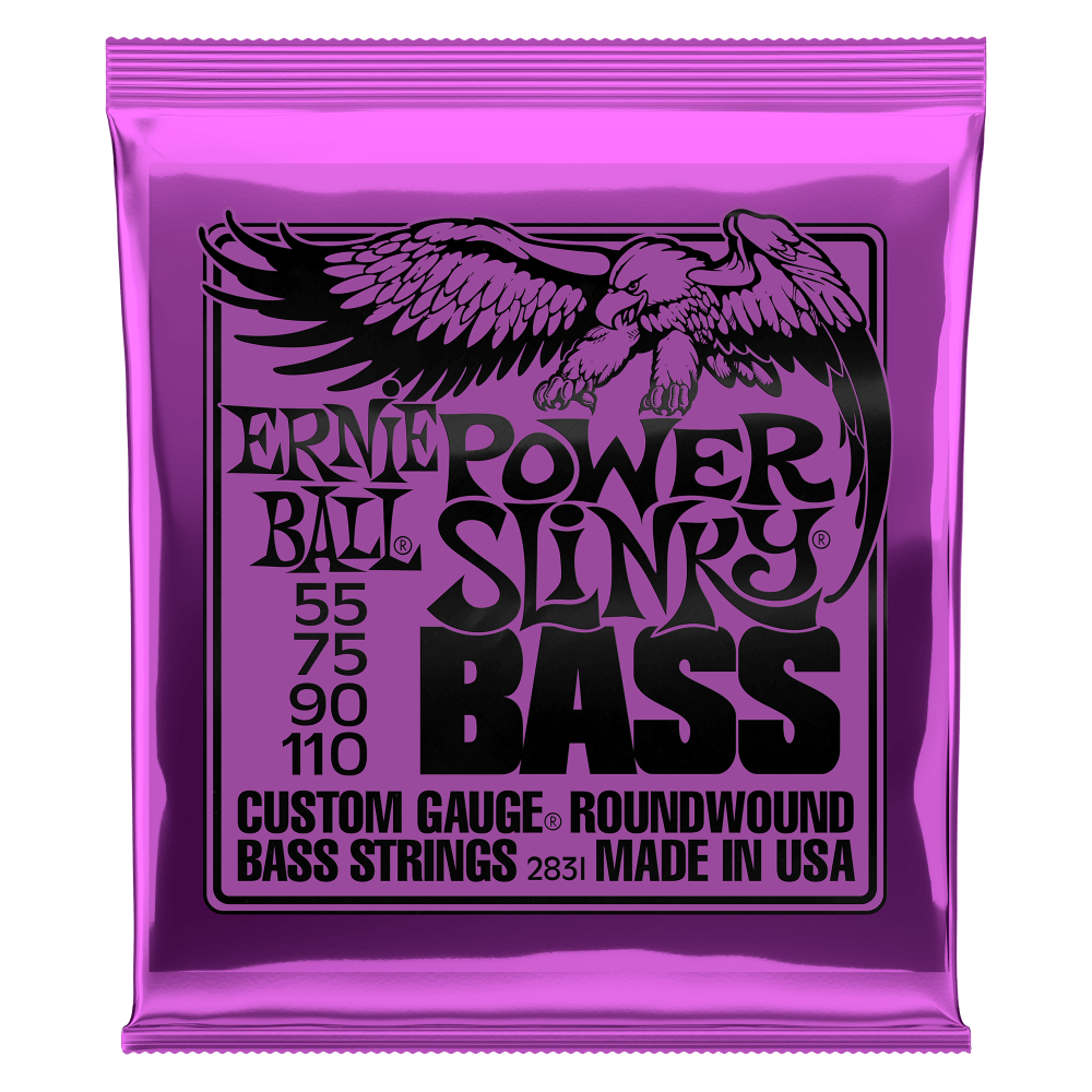 Ernie Ball Power Slinky Bass guitar string set packaging with an eagle illustration on a purple background