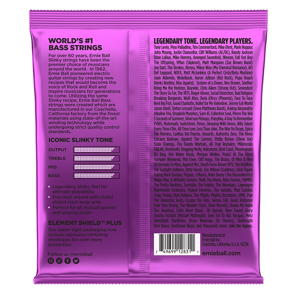 The backside of a purple pack of Ernie Ball bass strings with product details