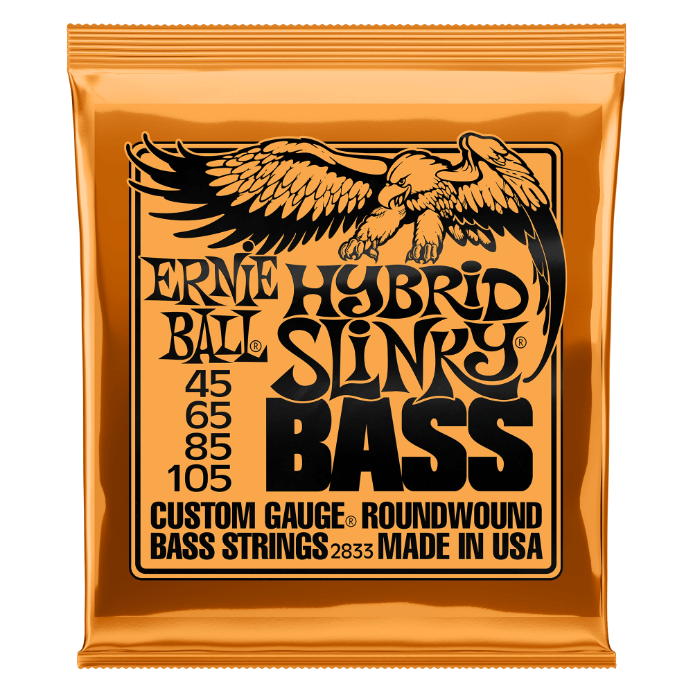 A orange package of Ernie Ball Hybrid Slinky bass strings with black lettering and eagle artwork