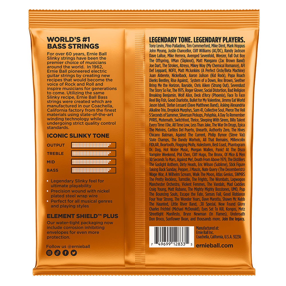 The backside of a orange package of Ernie Ball bass strings with product details in black lettering