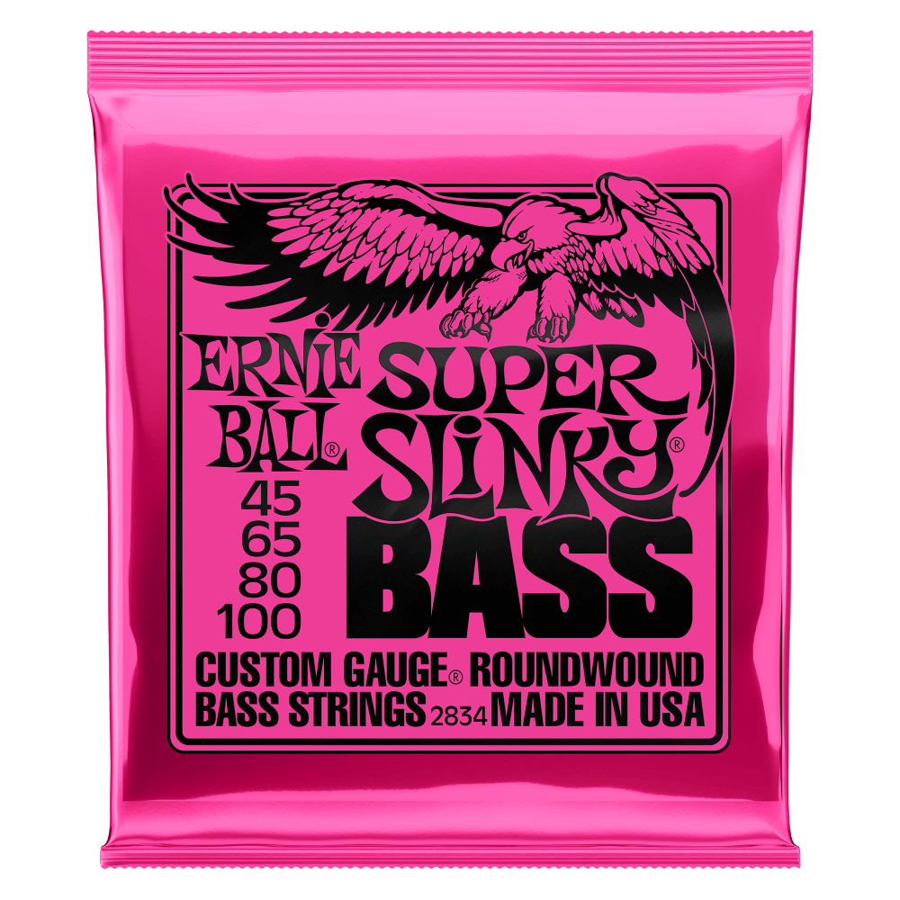 A pink package of Ernie Ball Super Slinky bass strings with black lettering and eagle artwork