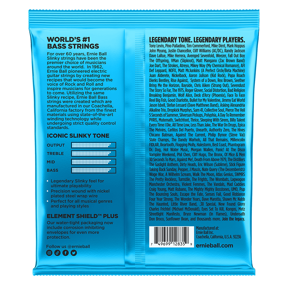 The backside of a blue package of Ernie Ball bass strings with product details in black lettering