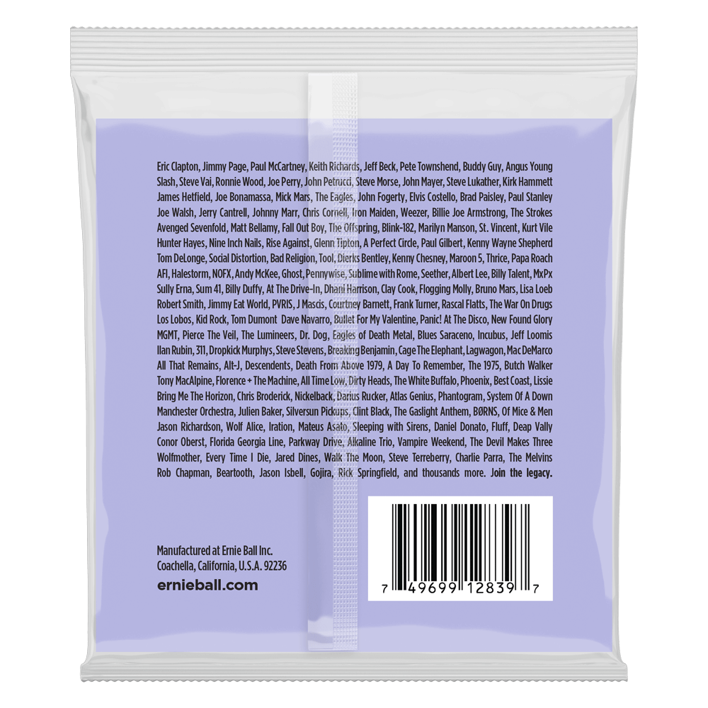 The backside of a light blue package of Ernie Ball guitar strings with brand details on black lettering