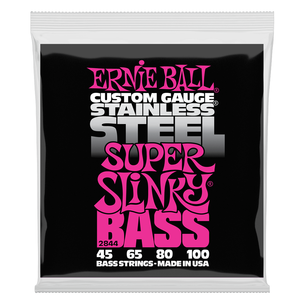 A package of Ernie Ball Stainless Steel Super Slinky bass strings on a white background